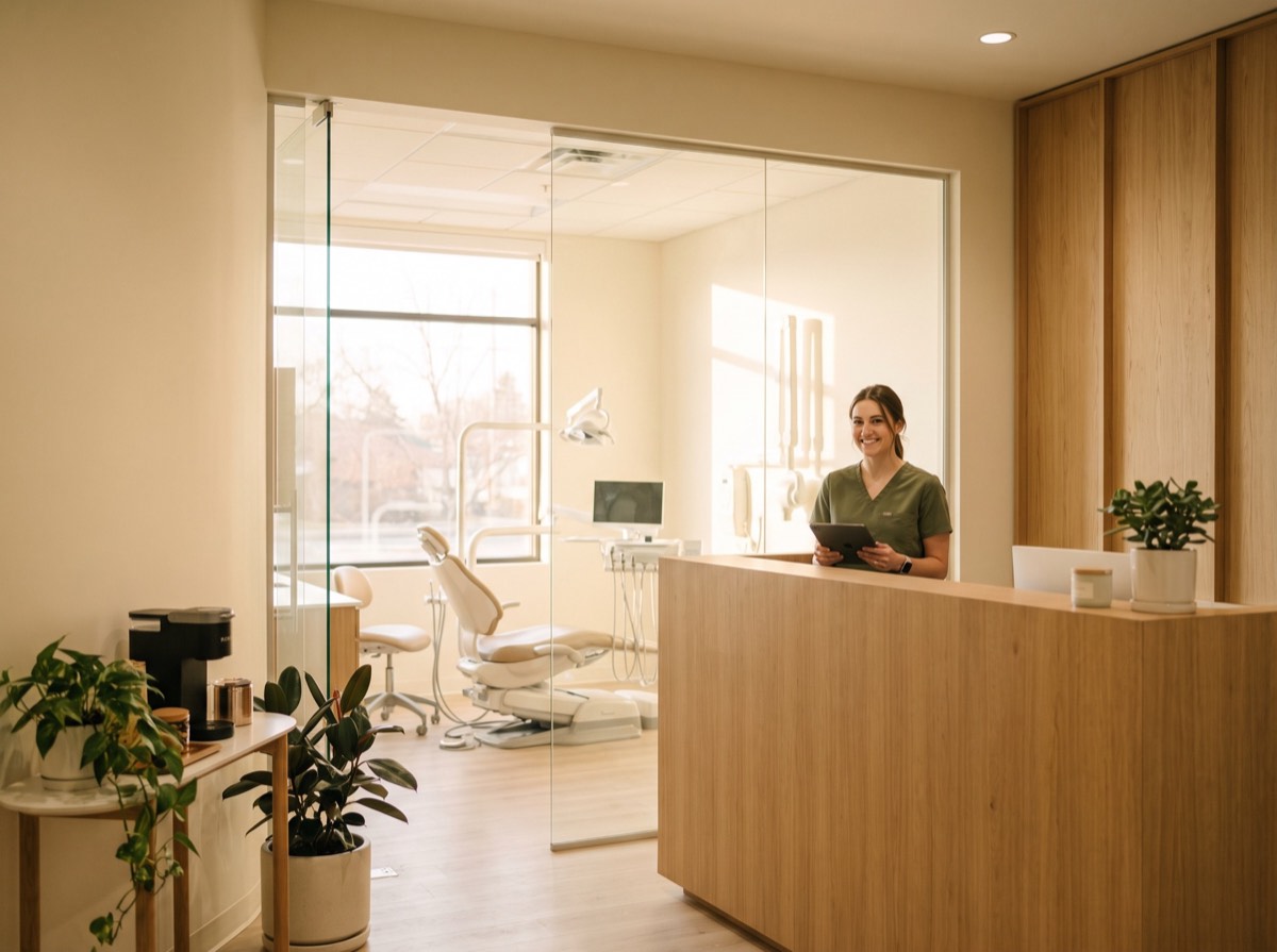 A local business owner at the front desk of her shop